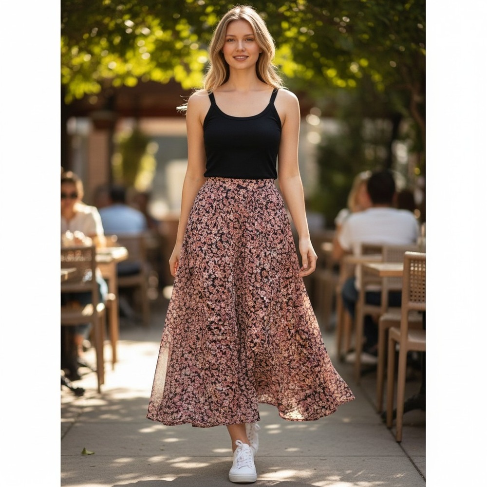 Boho Cottagecore Floral High Low Maxi Skirt Smocked Waist Rayon